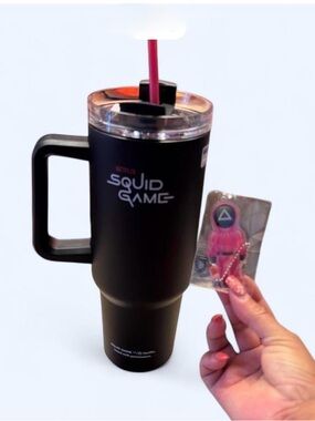 Squid Game Black Insulated Travel Mug with Handle and Straw